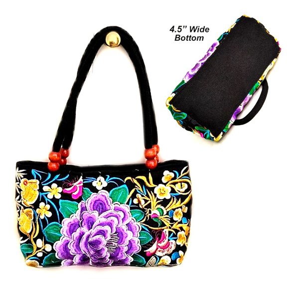 Embroidery Satchel Floral Rabbits Black Purple Canvas Tote Zip Top Handle Lined - Picture 9 of 12